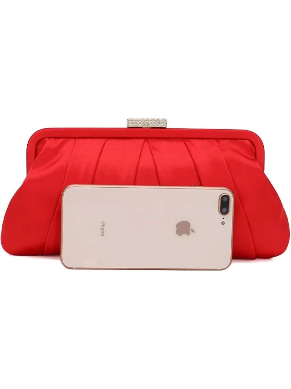 Women's Red Classic Pleated Satin Clutch Purse Diamante Formal Evening Bag